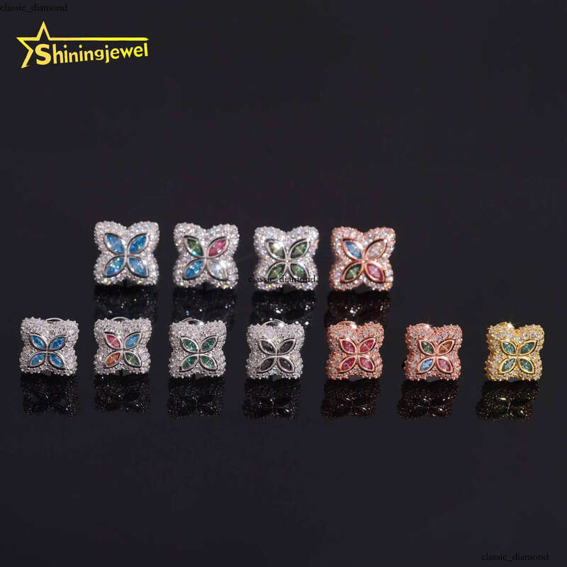 VVS Moissanite 925 Sterling Silver Colorful Clover with Screw Back Fine Jewelry Men and Women Ice Silicon Stone Earrings for Daily Wear
