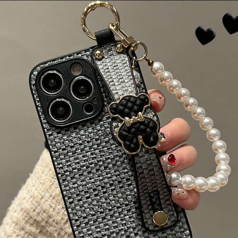 Phone Case For iPhone 17 Pro Max Autumn Winter Chanel Style Woven Leather Texture Bear for Apple 17 Phone Case 16 Wrist Strap Chain 15 Full Protection