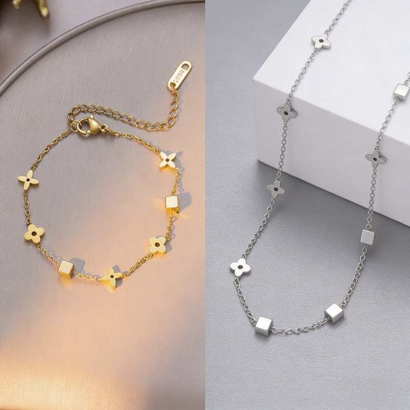 Elegant Geometric Four-Leaf Clover Necklace: Durable Titanium Steel Collarbone Chain Set - Stylish Women's Jewelry for Daily Party Wear