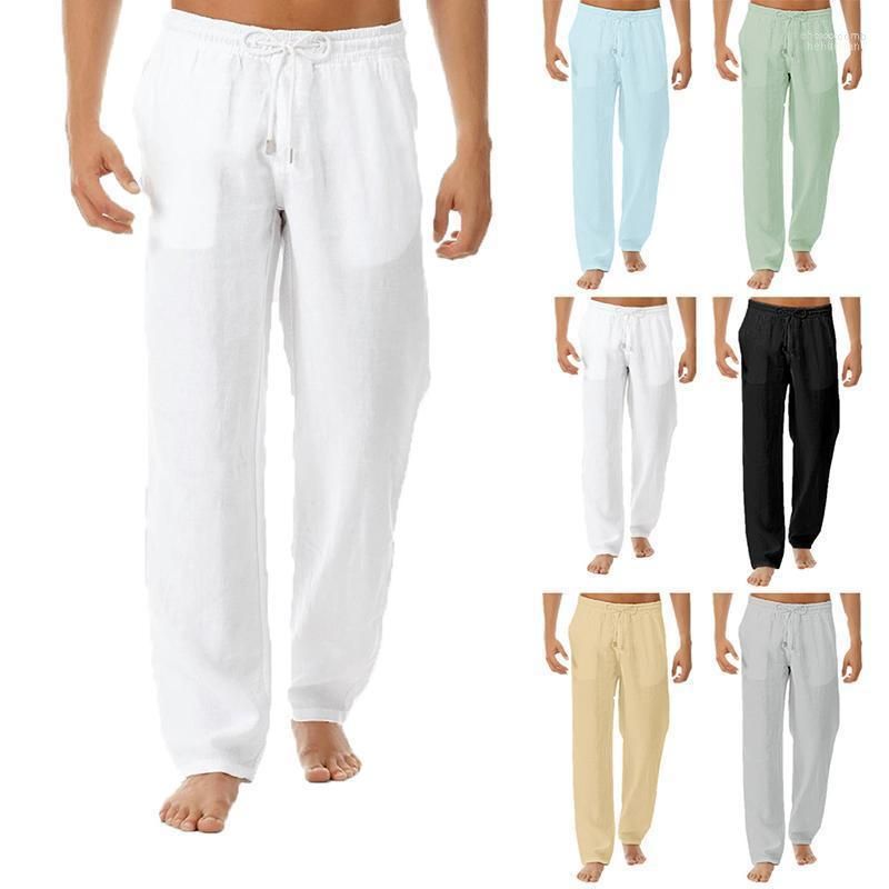 Men Casual Pants Summer Cotton Linen Trousers Men's Elastic Waist Straight Natural Breathable Loose White Black Female