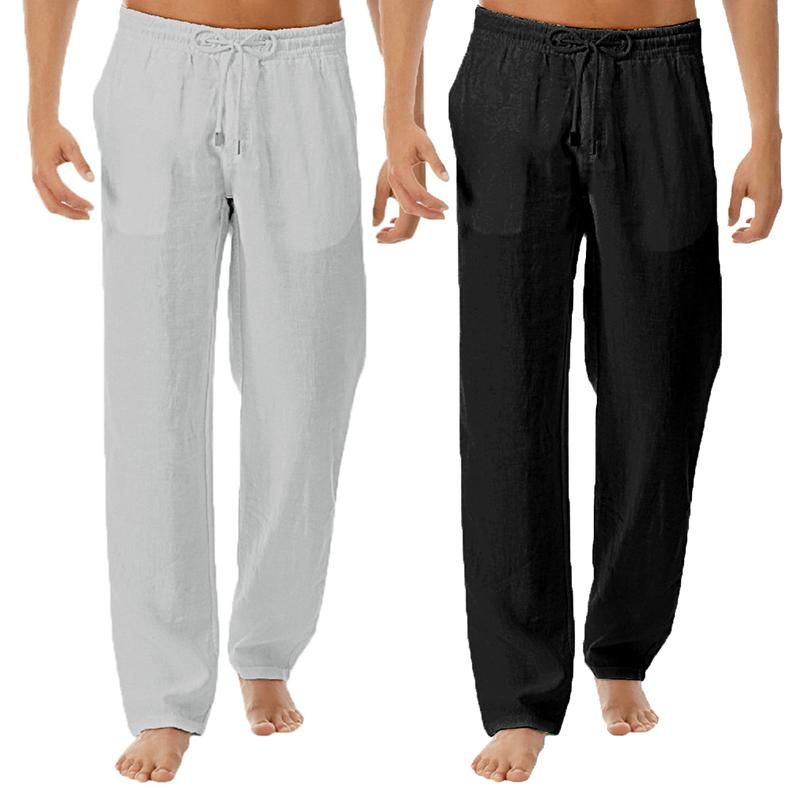 Men Casual Pants Summer Cotton Linen Trousers Men's Elastic Waist Straight Natural Breathable Loose White Black Female