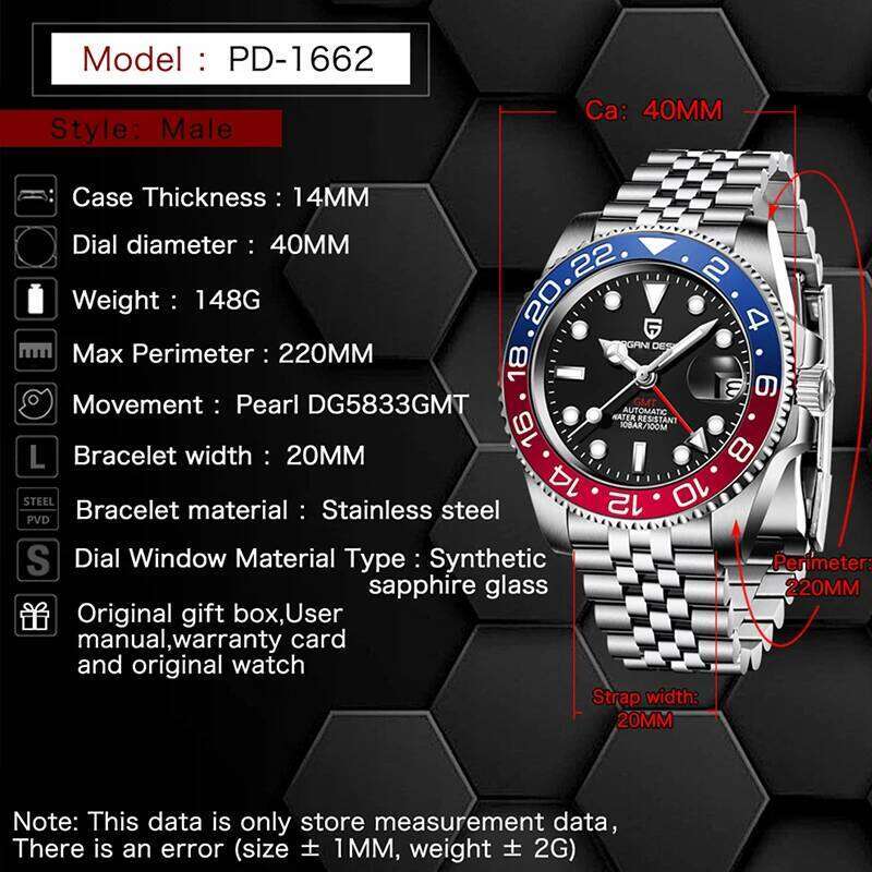 PAGANI DESIGN PD-1662 Luxury GMT Men Mechanical Wrist Sapphire Glass Stainless Steel 100M Waterproof Automatic es 26N0108