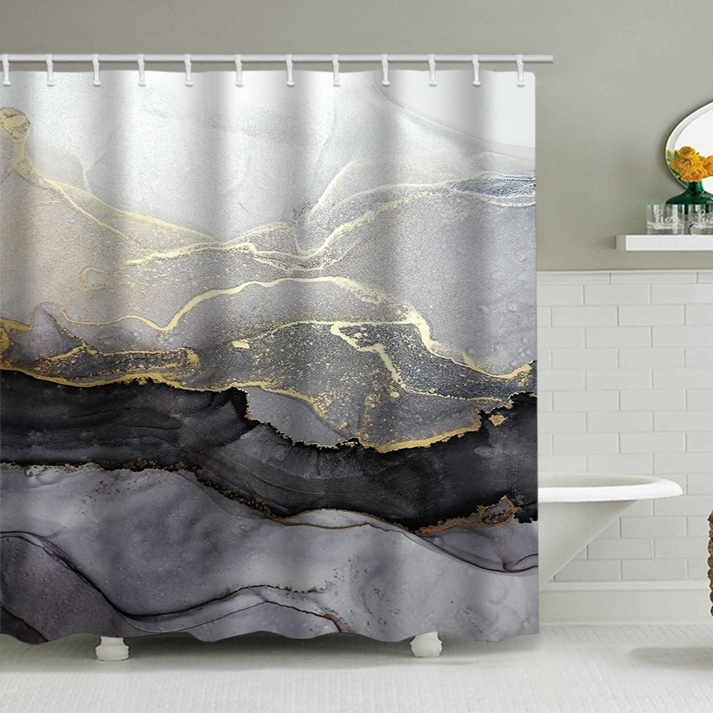 YL-38114 Marble Pattern Shower Curtain, Abstract Geometric Texture, Polyester Waterproof Shower Curtain Set with Hooks