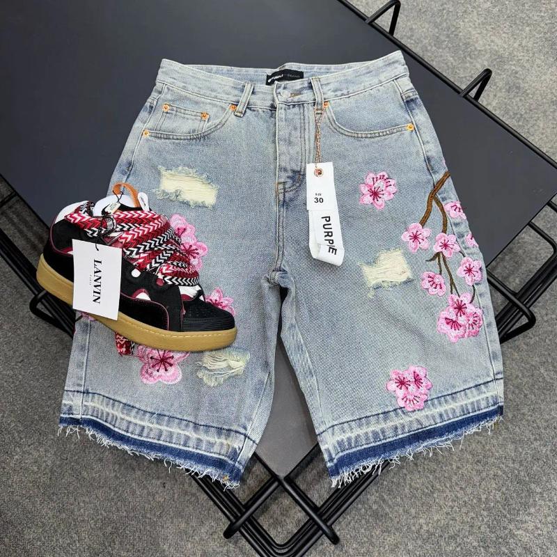Men's Shorts Cherry Blossom Embroidered Denim Mens Womens Gothic Harajuku Retro Loose Casual Fashion Punk Streetwear