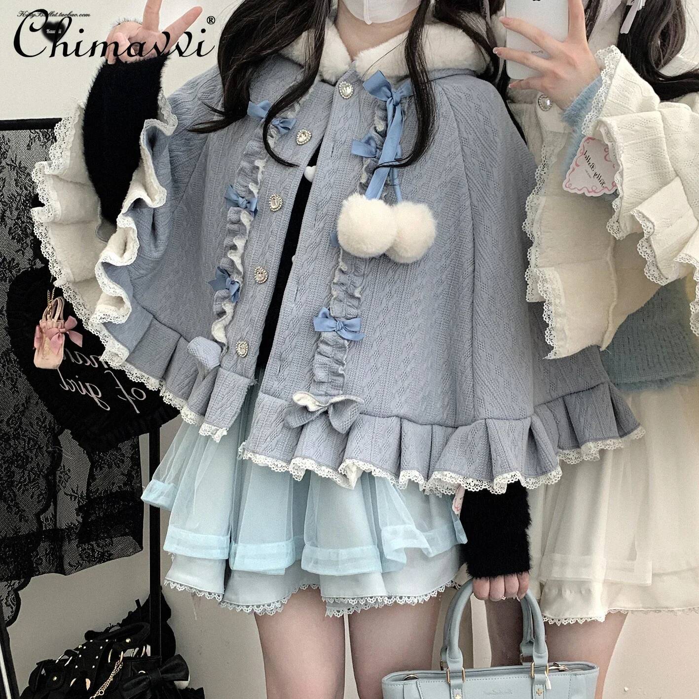 Bestseller Sweet Girl Kawaii Diamond Buckle Cape Jacket Autumn and Winter Japanese Mines Loose Cute Bow Hooded Velvet Small Shawl Coat ddmytues
