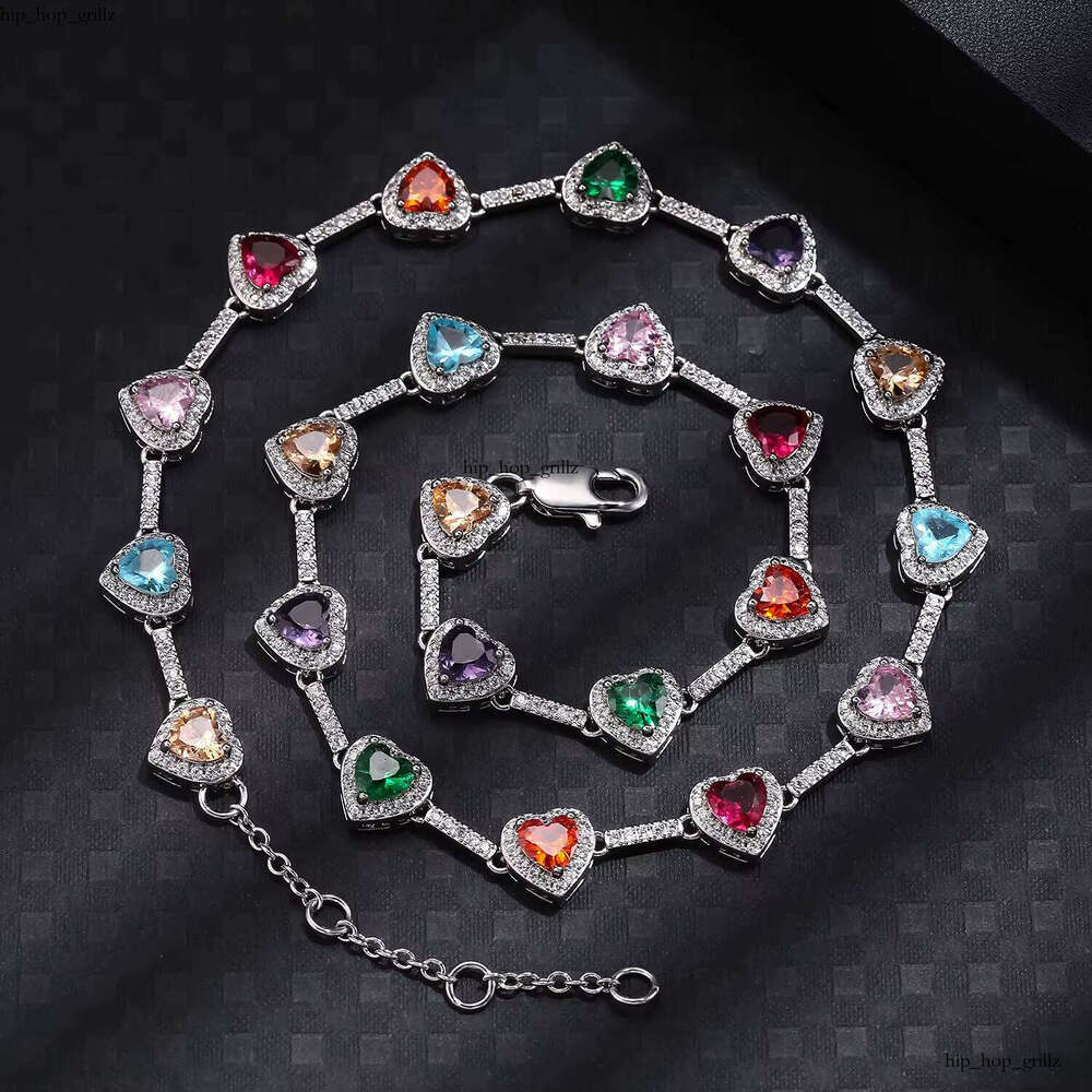 Custom 18k Gold Plated Multicolor Heart-Shaped Chain Heart Jewelry Rainbow VVS Moissanite Gemstone Necklace for Women and Men