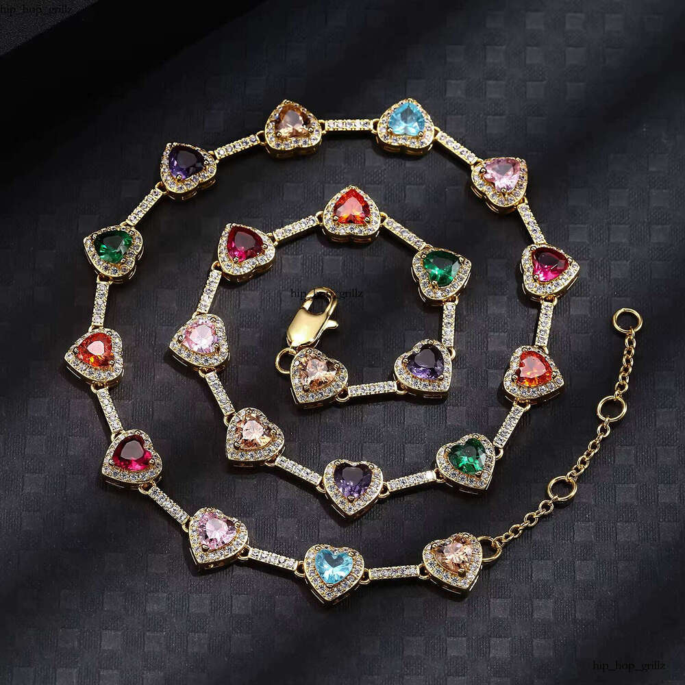 Custom 18k Gold Plated Multicolor Heart-Shaped Chain Heart Jewelry Rainbow VVS Moissanite Gemstone Necklace for Women and Men
