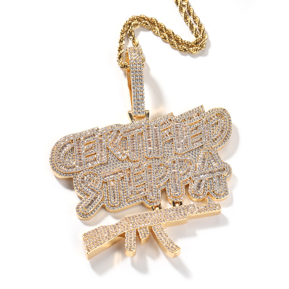 Hip Hop Full 5A Zircon Letters AK47 Gun Pendant Necklace Rap Jewelry Gold Plated