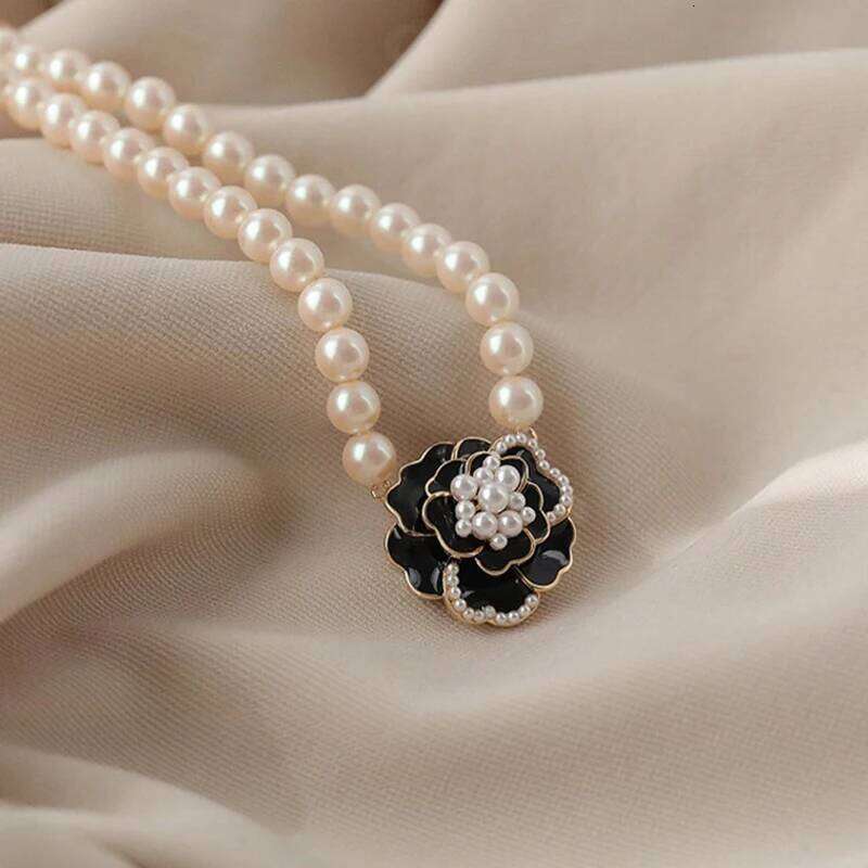 Vintage Elegant Black White Camellia Pearl Pendant for Women Korean Simple Flower Necklace Wedding Party Jewelry