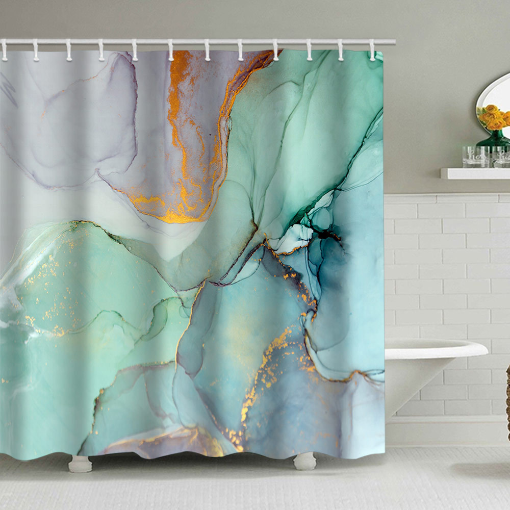 YL-38116 Marble Pattern Shower Curtain, Abstract Geometric Texture, Polyester Waterproof Shower Curtain Set with Hooks