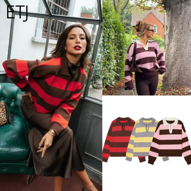 ETJ 2025 Autumn womens line street style fashion yellow wide stripe polo neck loose version of longsleeved sweater 260107