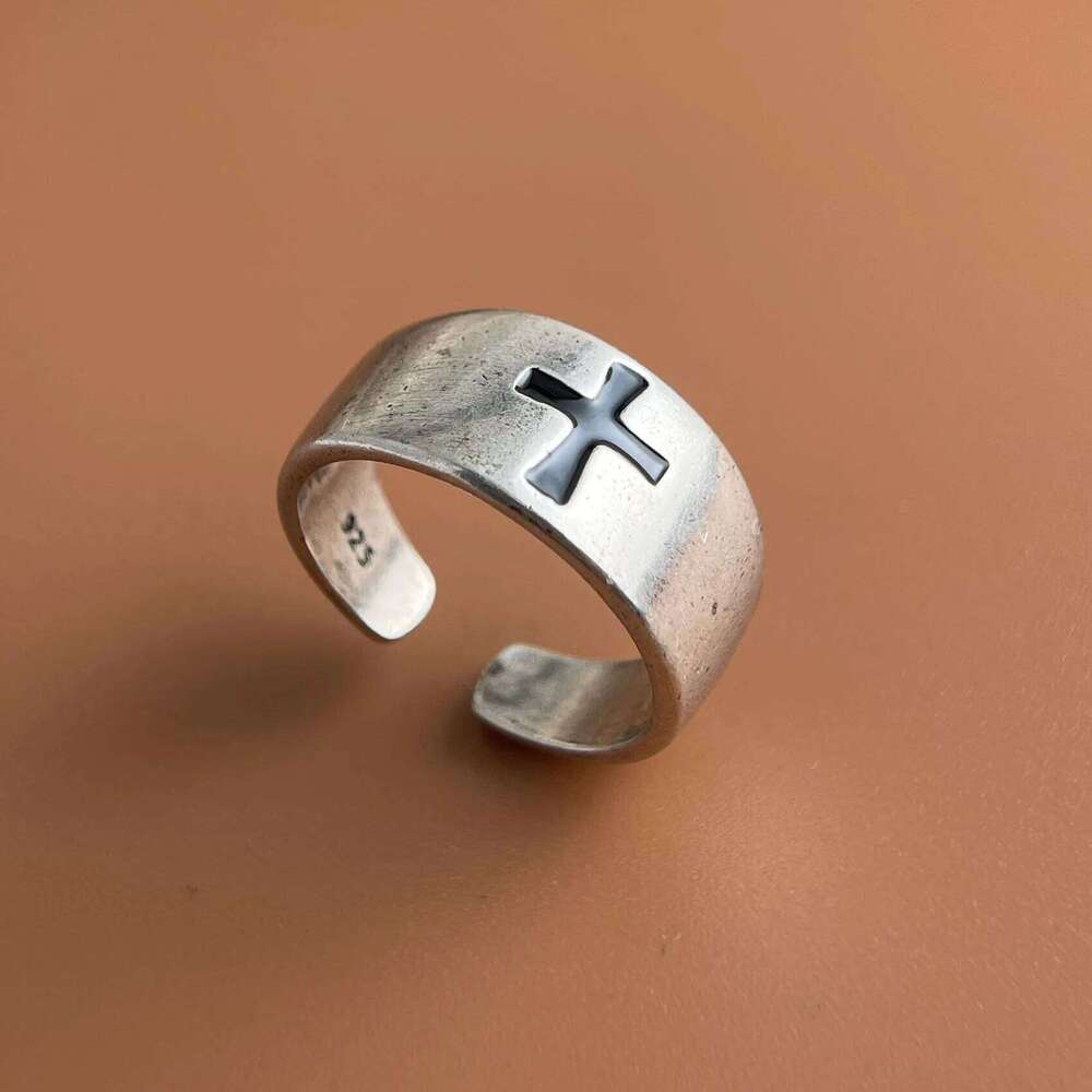 925 Sterling Silver Rings For Women Vintage Handmade Adjustable Black Cross Pattern Ring Fashion Female Bijoux Gift