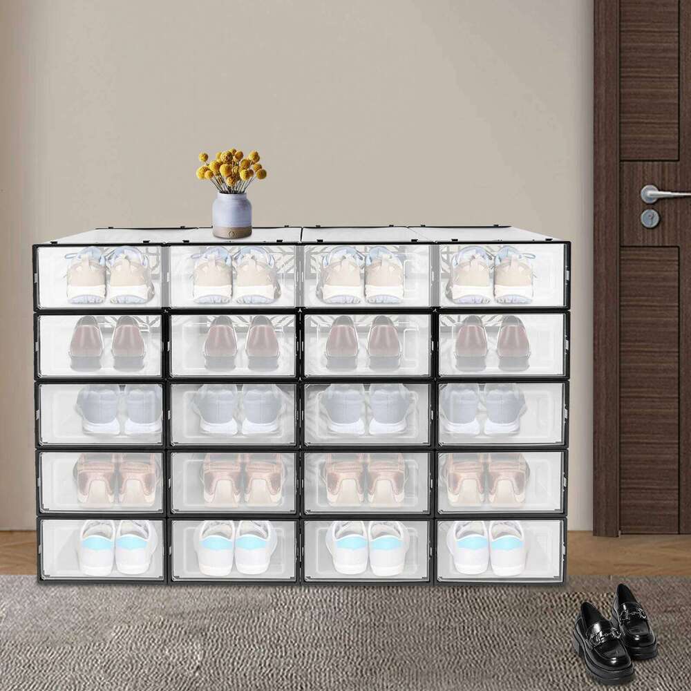 20 Pcs Storage Box Transparent PP Plastic Shoe Cabinet Moisture & Dust Proof Modern Organizer Black/White 26T0108