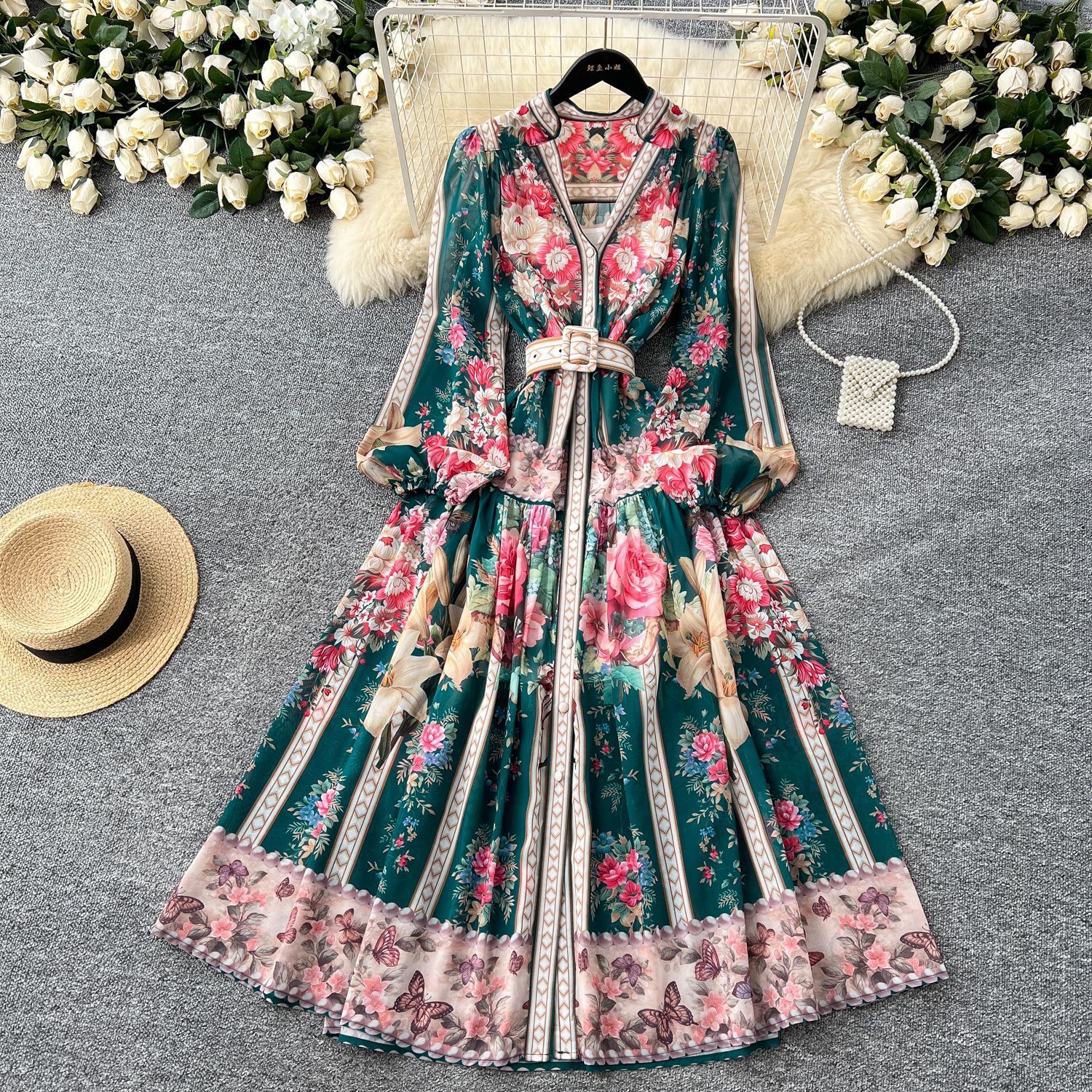 France Fashion Vintage Senior Print Dress Women Lantern Sleeve Single Breasted Ladies Clothes Elegant Lace Up n Dress 250917
