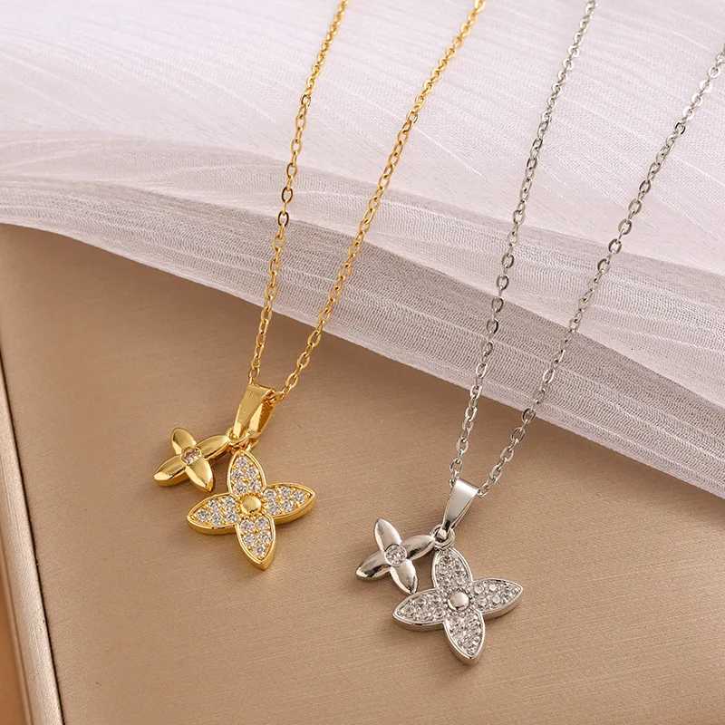 2025 new Fashionable micro-inlaid flower double titanium steel necklace versatile and elegant collaRBone chain H260108