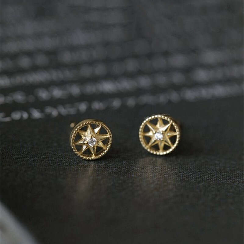 Hexagonal Star Compass Stud Earrings 14K Gold-Plated Diamond-Studded Earrings Women's Minimalist Jewelry