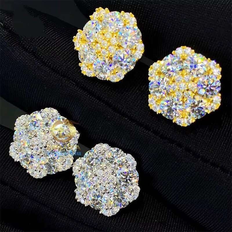 Free Shipping Hip Hop 14K Real White Gold Round Lab Diamond Cluster Flower Earrings EverLasting Gift for Women Men Fine Jewelry H260202
