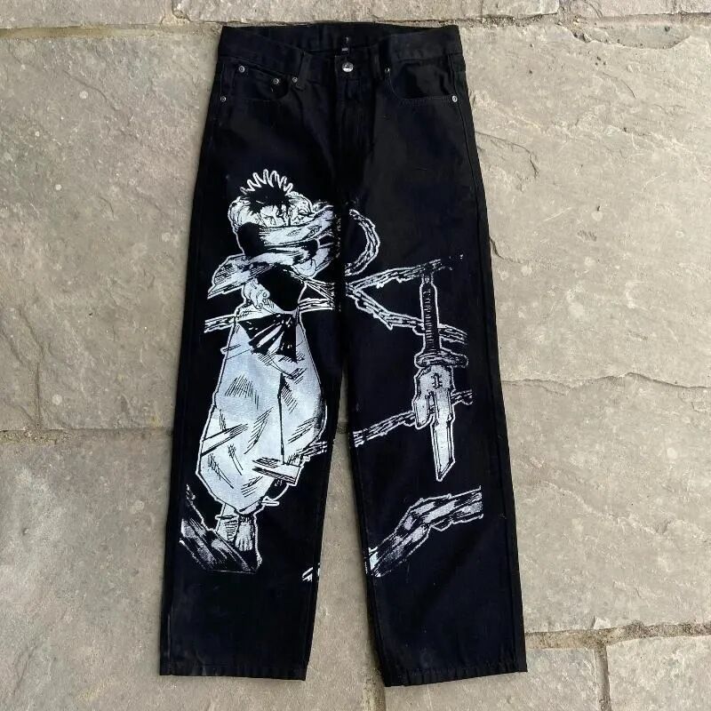 Men's Jeans Streetwear Jeans Y2K Japanese Harajuku Hip Hop Graphic Print Baggy Jeans Black Pants Mens Gothic High Waist Wide Leg Trousers For Men