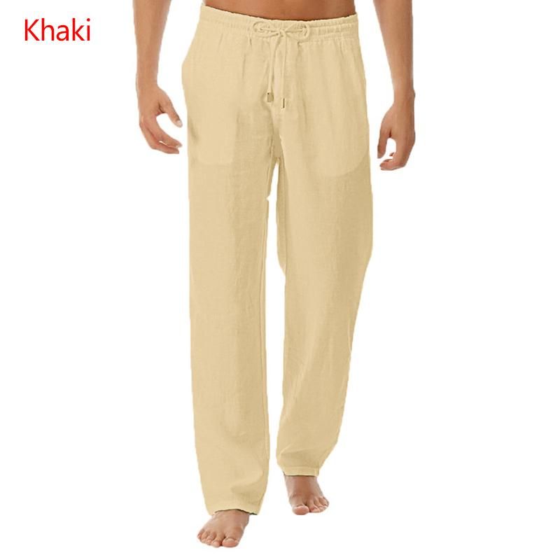 Men Casual Pants Summer Cotton Linen Trousers Men's Elastic Waist Straight Natural Breathable Loose White Black Female