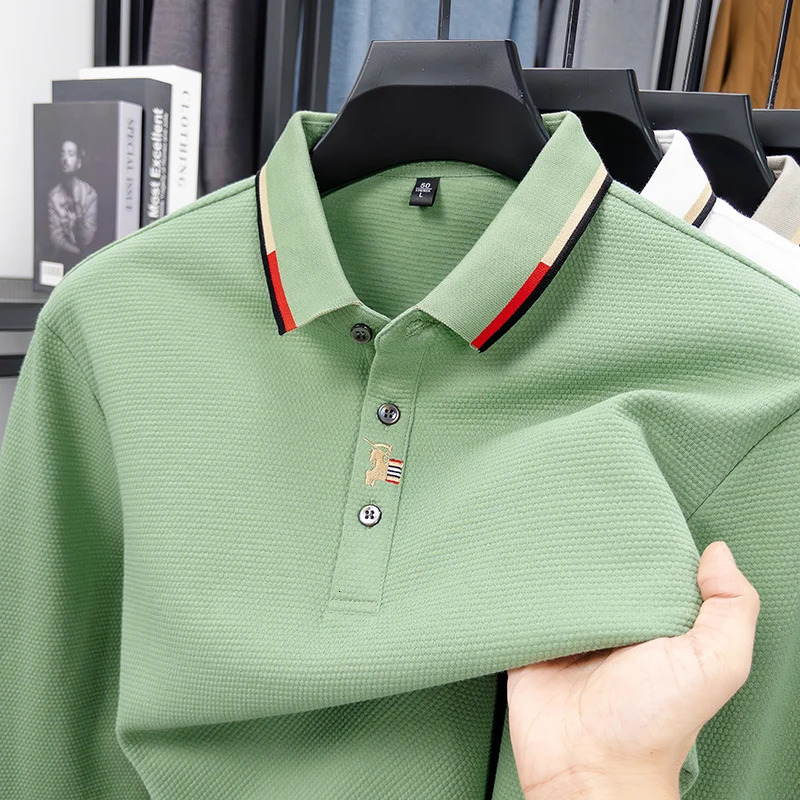 2026 Spring Light Fashion 100 Cotton Embroidered Polo Shirt Mens Trendy Long Sleeve Collar Bottom Tshirt 260107
