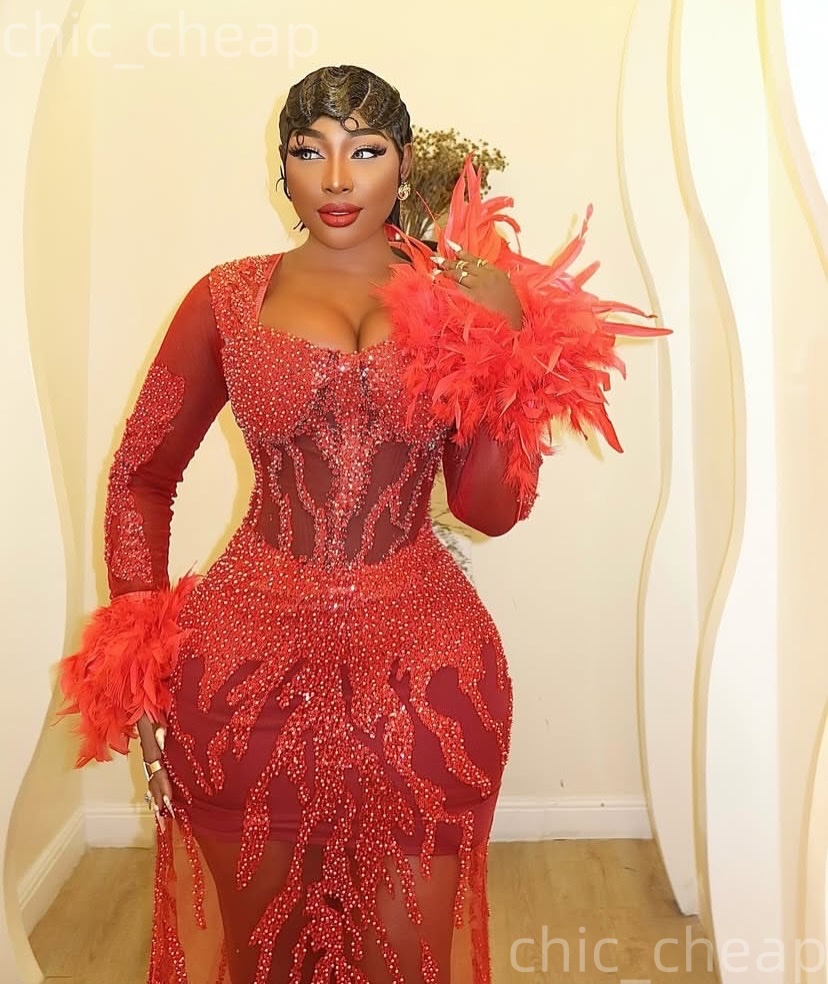 2026 Aso Ebi Red Sheath Prom Dresses Feather Sequined Full Sleeves Evening Formal Party Second Birthday Engagement Reception Gowns Dress For Special O