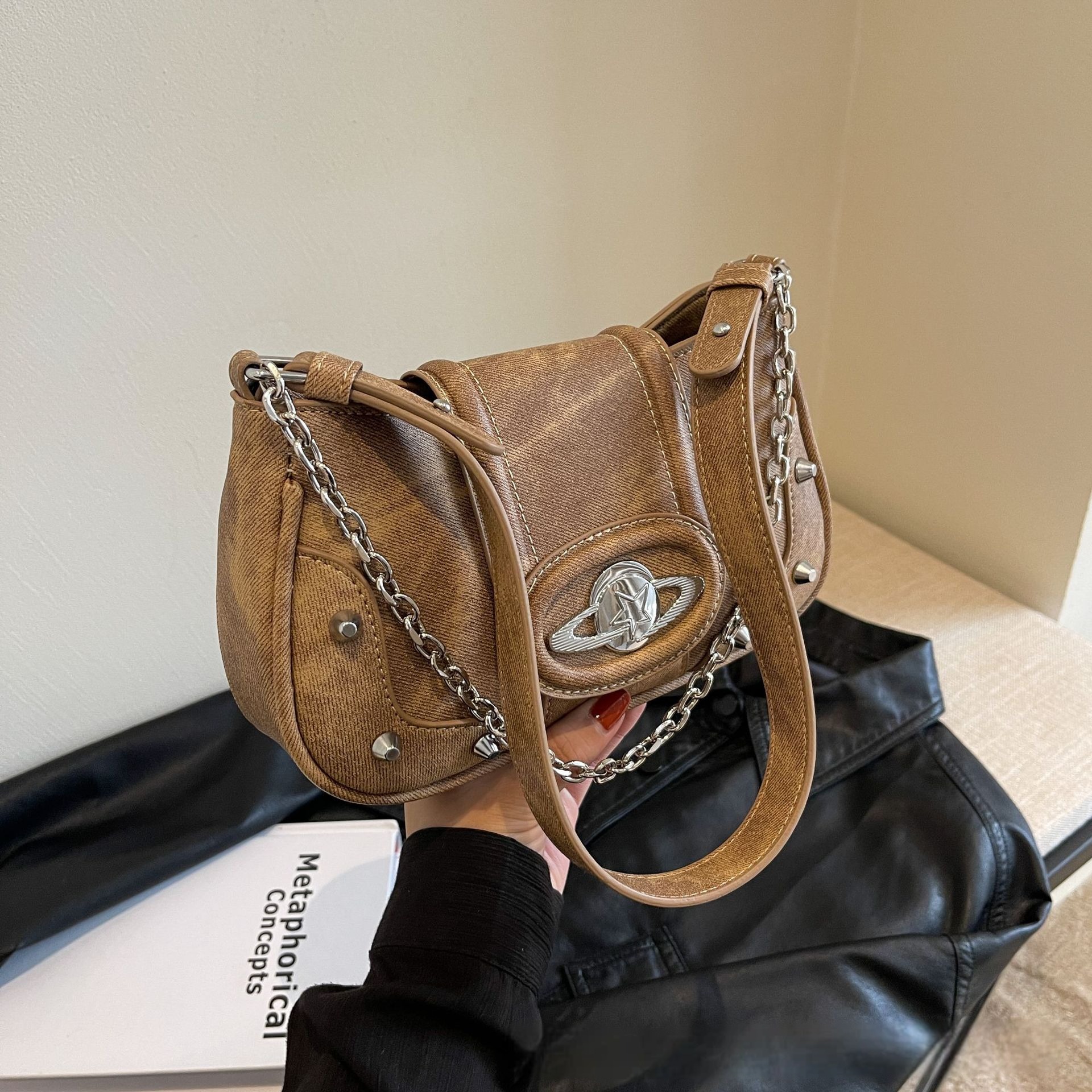 2026 Vintage Denim Square Bag, Multiway Crossbody Purse with Chain Strap, Convertible Underarm & Top Handle Bag