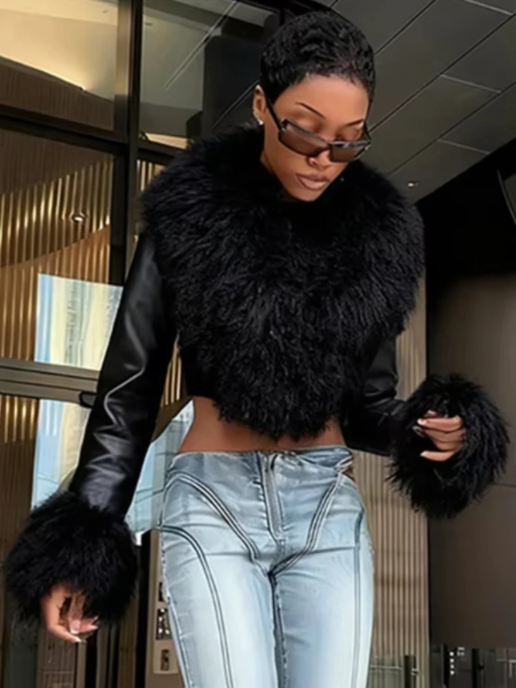 Nibber Wild Coats Woman Furry Tassel Decoration Autumn Trend Low-Neck Full Sleeve Navel Exposed High Street Style Classic Tops260107