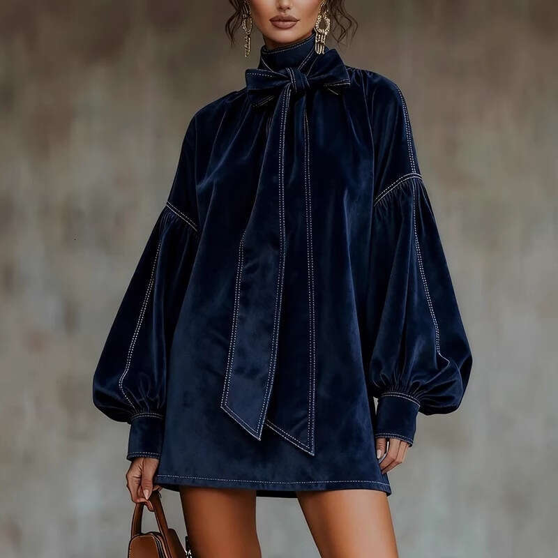 European American Women's Clothing Amazon Independent Station Autumn and Winter Velvet Retro Long Sleeve Bow Short Dress