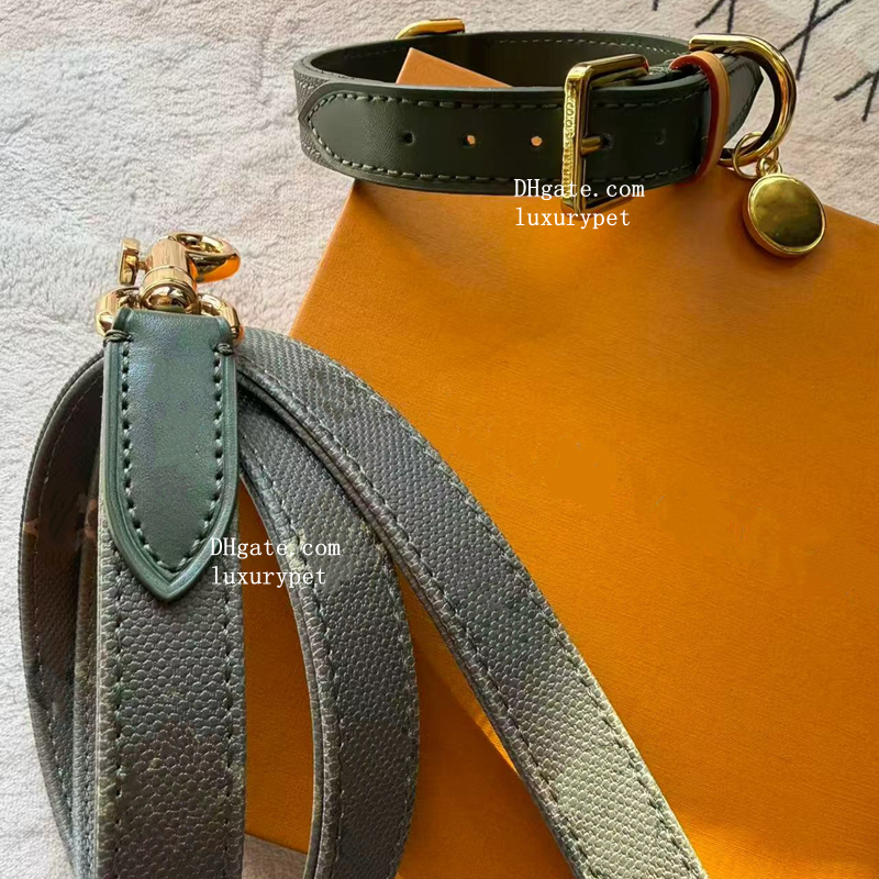 Designer Leather Dog Collar and Crossbody Leash, Classic Old Flowers Pattern Dog Collar High-End Metal Buckle Adjustable Durable for Small Medium Dogs Army Green B340