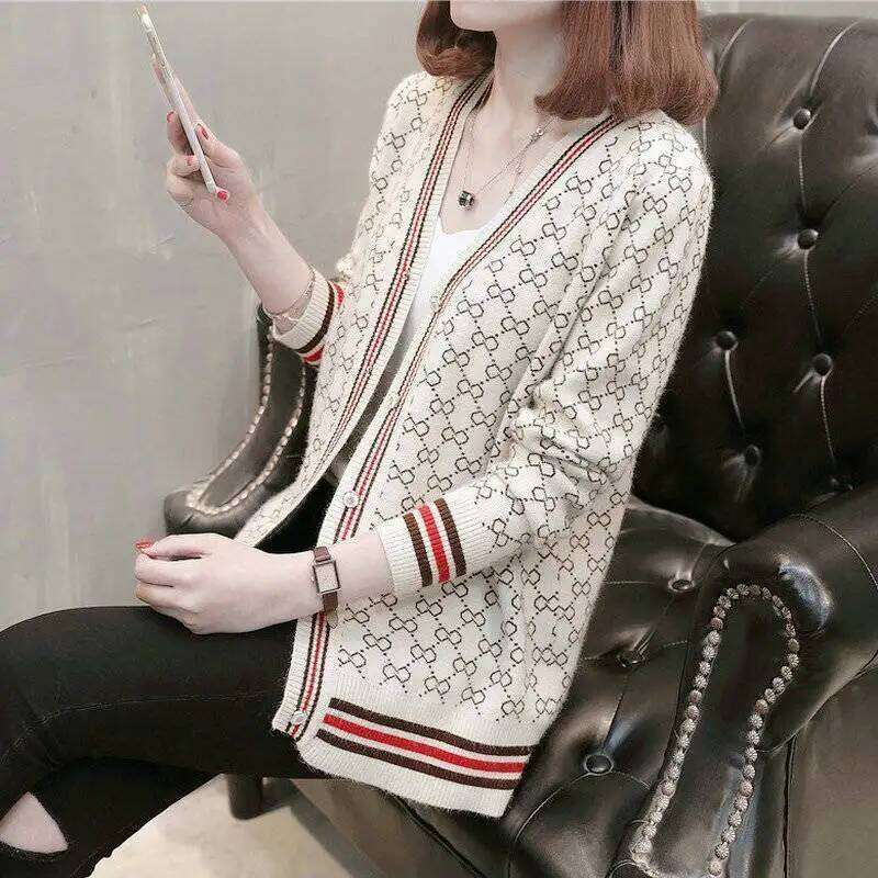Women's Clothing Cardigan Sweater Autumn Geometric Loose Long Sleeve Designer Fashion Knit Casual Coat Lady Versatile V-Neck Tops