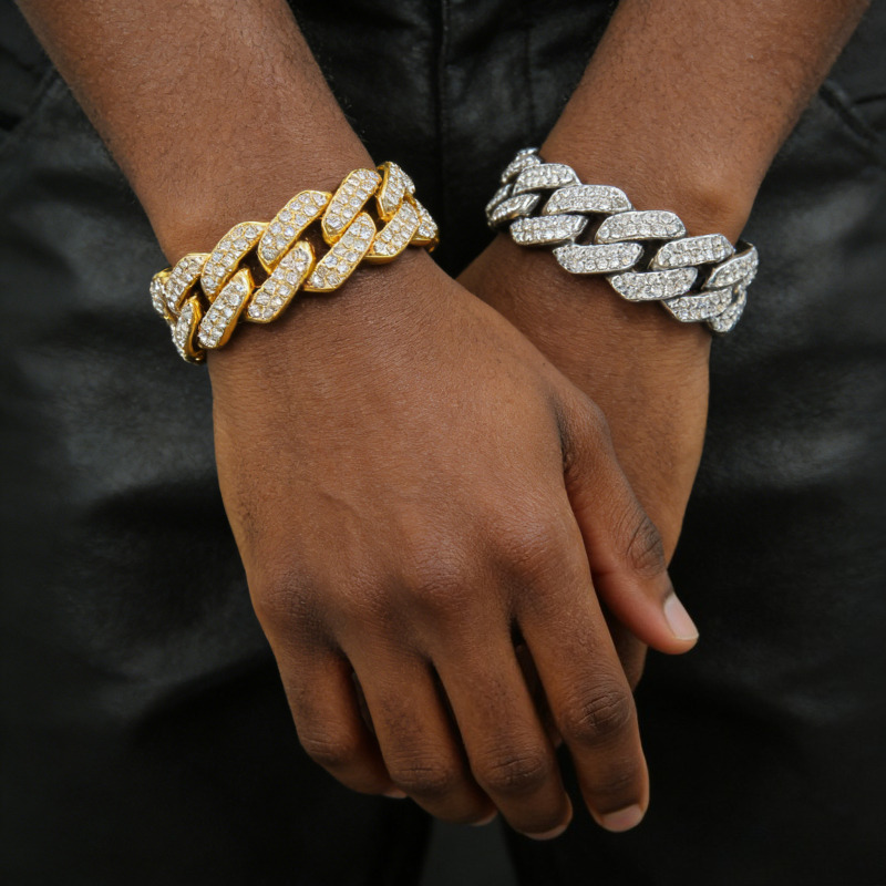 Jewelry Necklace with Zircon and Cuban Chain Bracelet for Men - 20mm 8 Inches Platinum Hip-hop and Rap Jewelry