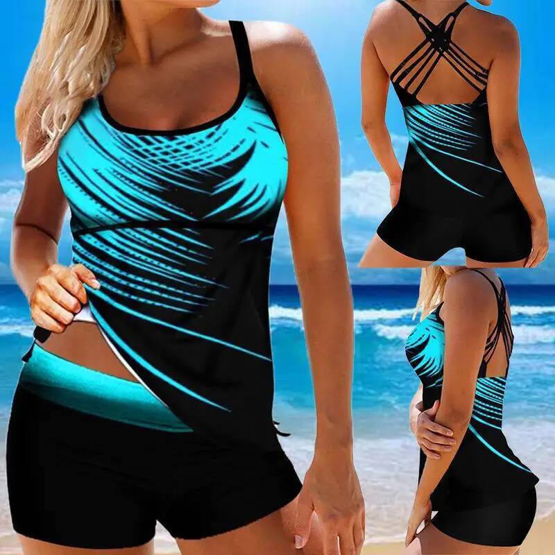 Leaf Printed Swimsuit Women Sexy Strap Cross Backless Plus Size Tankini Set Female Summer Beach 2 Pieces Swimwear Bathing Suit dongdumaoyi