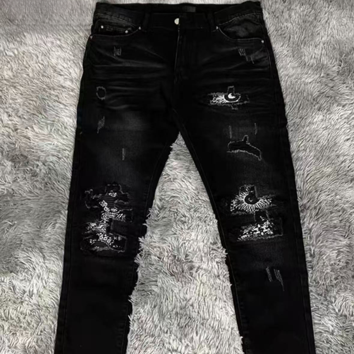 Amira Jeans AM Embroidery Letter Stars Pattern Vintage Distressed Pants Hip Hop Streetwear Men Designer Denim Trouser Stacked Skinny Elastic Rock Revival Jeans 796