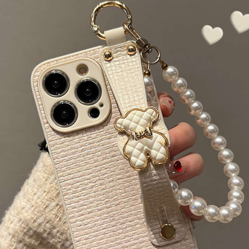 Phone Case For iPhone 17 Pro Max Autumn Winter Chanel Style Woven Leather Texture Bear for Apple 17 Phone Case 16 Wrist Strap Chain 15 Full Protection