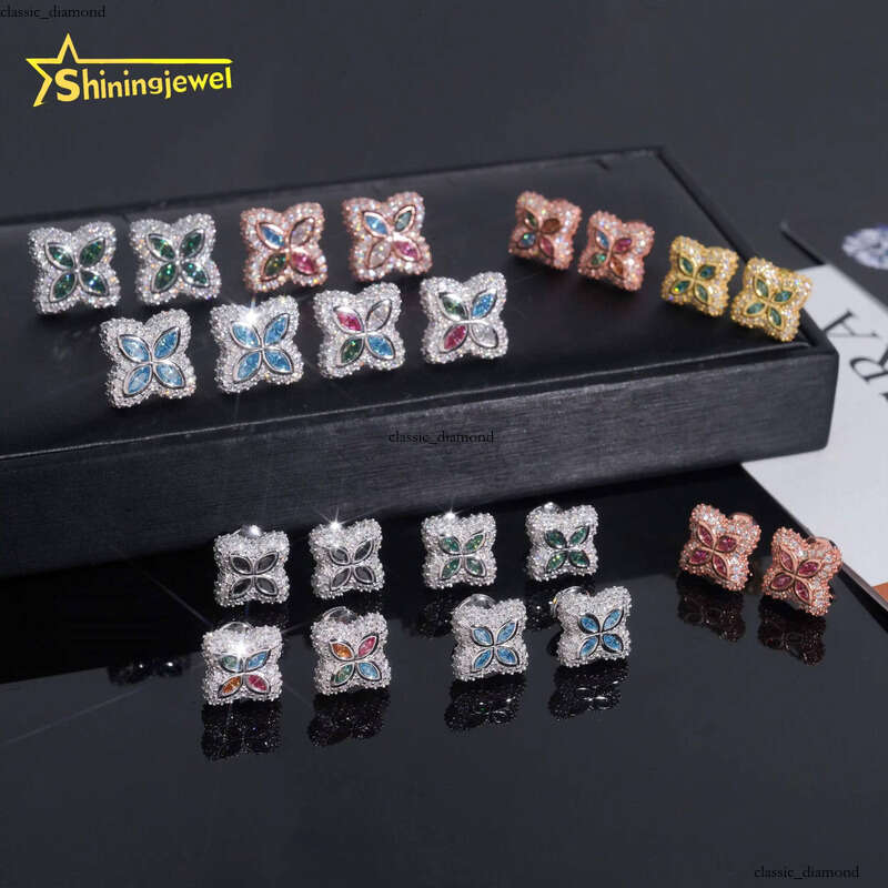 VVS Moissanite 925 Sterling Silver Colorful Clover with Screw Back Fine Jewelry Men and Women Ice Silicon Stone Earrings for Daily Wear