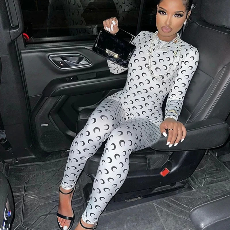 Retro Jumpsuit Women Sexy Slim Fit Moon Print Long Sleeve Tight Leggings Round Neck Versatile Casual Wear Autumn Fashion260107