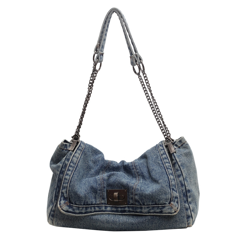 Design Bag 2026 New Denim Tote Bag for Women, Large Capacity Shoulder Purse with Chain Strap, Convertible Crossbody Bag