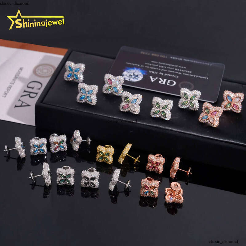 VVS Moissanite 925 Sterling Silver Colorful Clover with Screw Back Fine Jewelry Men and Women Ice Silicon Stone Earrings for Daily Wear