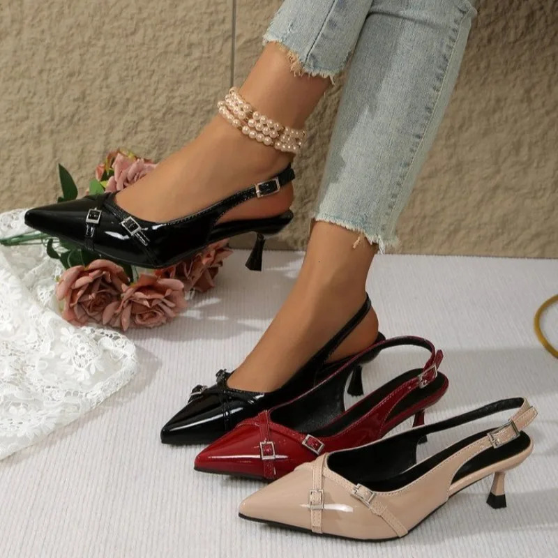 Low Heel Womens Shoes Fashionable Sexy Party Pumps Wine Red Color Single Slip-On Rubber Sole Footwear High Heels Sandal 260107