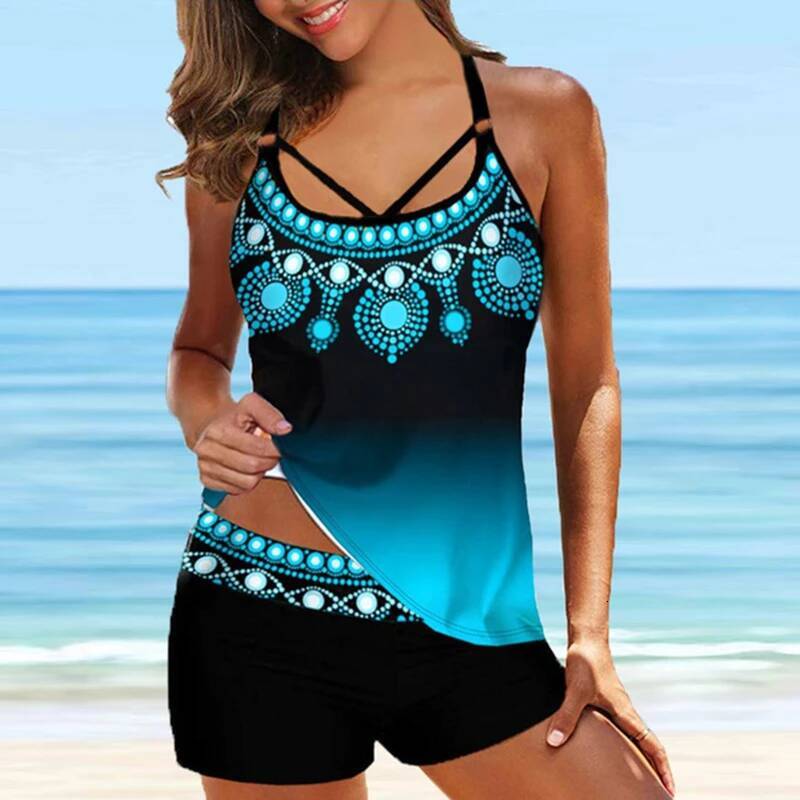 Leaf Printed Swimsuit Women Sexy Strap Cross Backless Plus Size Tankini Set Female Summer Beach 2 Pieces Swimwear Bathing Suit dongdumaoyi