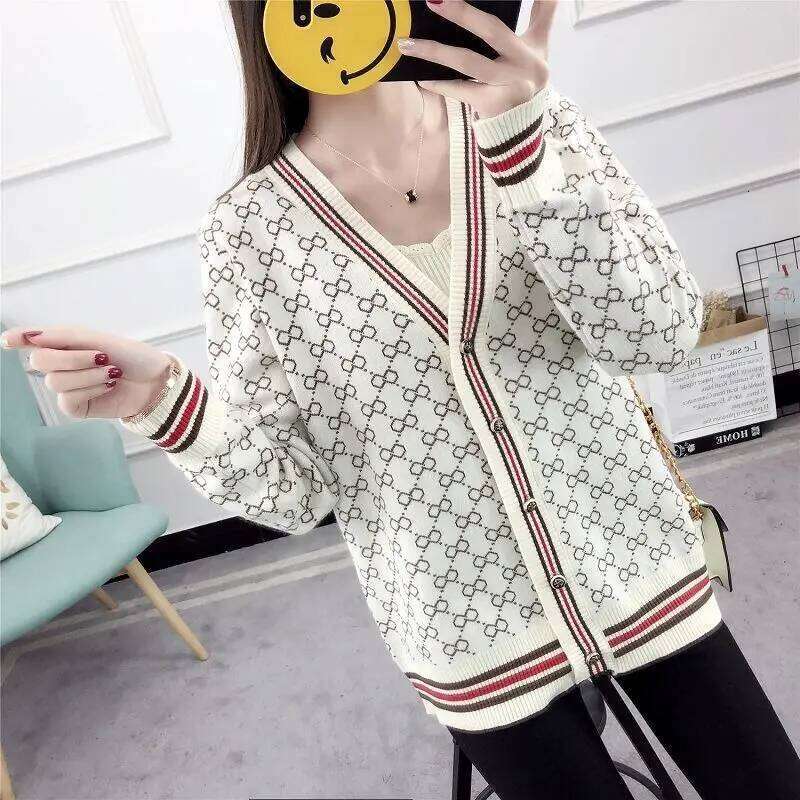 Women's Clothing Cardigan Sweater Autumn Geometric Loose Long Sleeve Designer Fashion Knit Casual Coat Lady Versatile V-Neck Tops