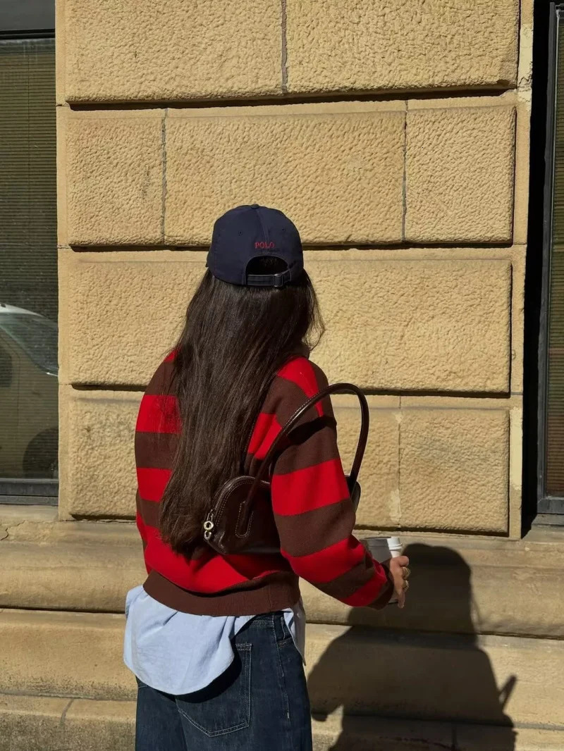 ETJ 2025 Autumn womens line street style fashion yellow wide stripe polo neck loose version of longsleeved sweater 260107