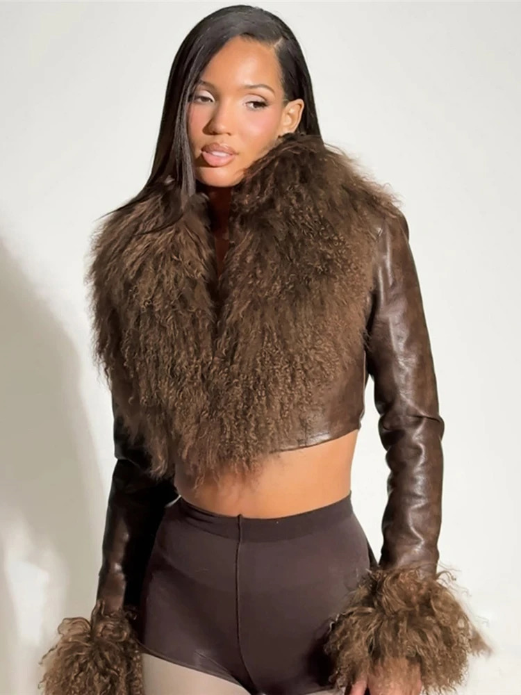 Nibber Wild Coats Woman Furry Tassel Decoration Autumn Trend Low-Neck Full Sleeve Navel Exposed High Street Style Classic Tops260107