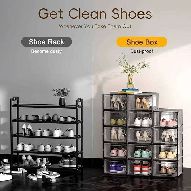 12 Pack Transparent Foldable Shoe Dustproof Organizer Clear Plastic Storage Box for Home Organization 26T0108