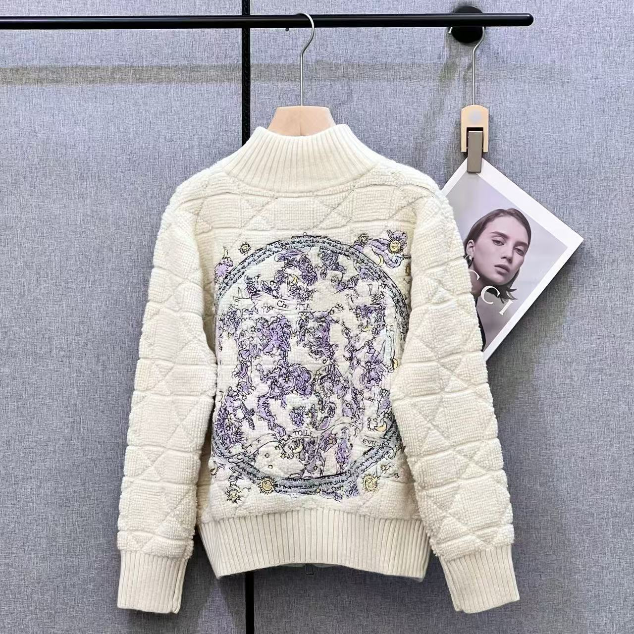 Nanyou High-End 25 Autumn Winter New D Brand Heavy Embroidery Back Diamond Pattern Solid Color Simple High Collar Knitted Jacket