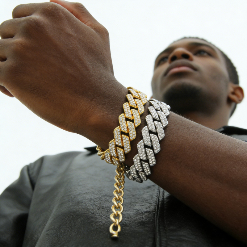 Jewelry Necklace with Zircon and Cuban Chain Bracelet for Men - 20mm 8 Inches Platinum Hip-hop and Rap Jewelry
