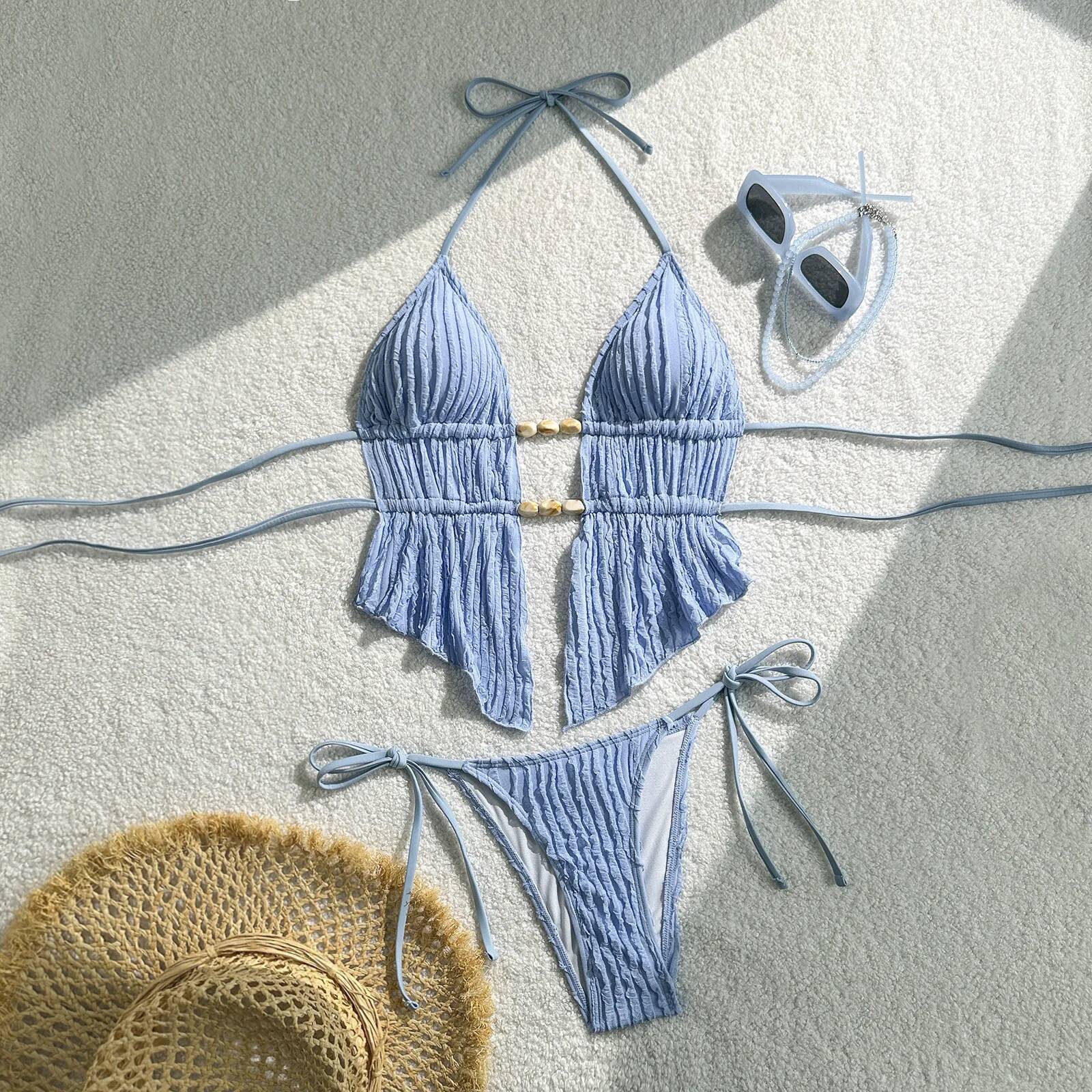 2026 Sexy Split Swimsuit Women's Solid Color Triangle Two-piece Bikin Heart Bead Bathing Suit Women Swimwear Biquine Brasileiro dongdumaoyi