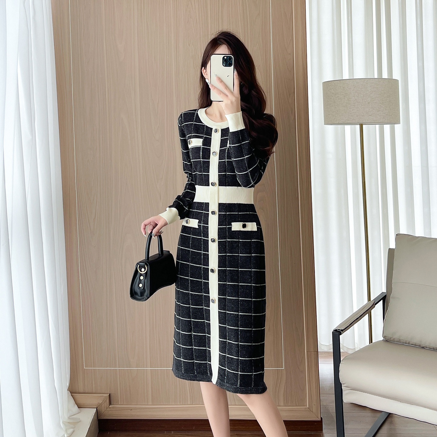 Urban Sexy Small Fragrant Slim Knit Women's With Temperament Goddess Style Slimming Hair Dress For Reducing Age