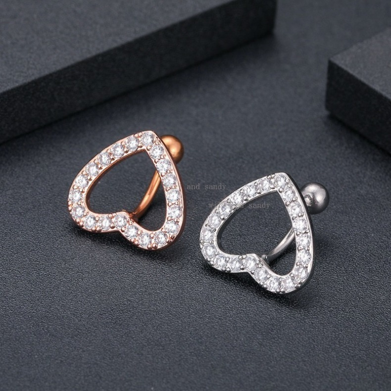 Love Heart Cubic Zirconia Belly Button Ring Anti Allergy Stainless Steel Butter Moon Belly Stud Navel Nail Navel Ring CZ Belly Piercing Jewelry Women Summer Fashion