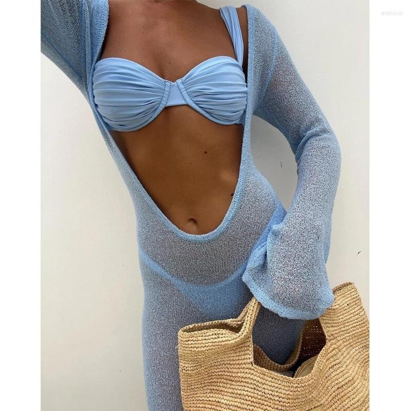 Women's Swimwear Summer Beach Women Blue Bikinis 3pcs Set Fashion Cover Ups Bikini Set Beachwear Bathing Suit Swimming Suits Women Clothing New